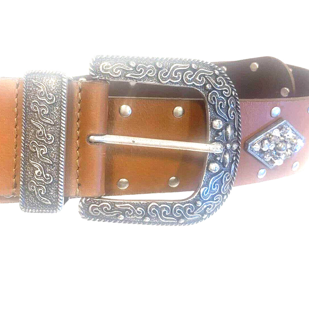 Chico's Brown Leather Belt with Ornate Silver-Tone Buckle and Studs